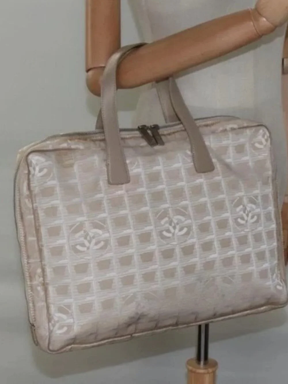 CHANEL New Travel line Hand Bag Nylon Beige CC Auth ti2897